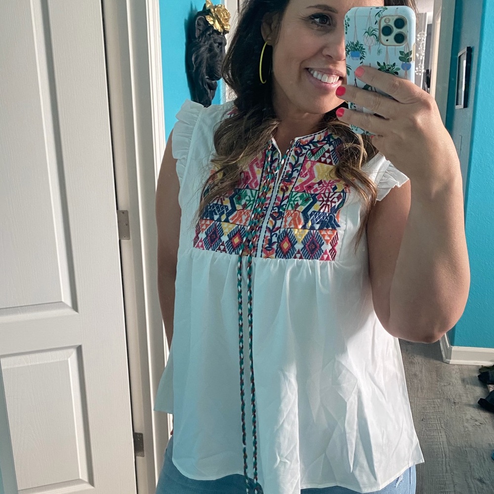 BOHO Embroidered Flutter Sleeve Tank with Pom Detail - Medium